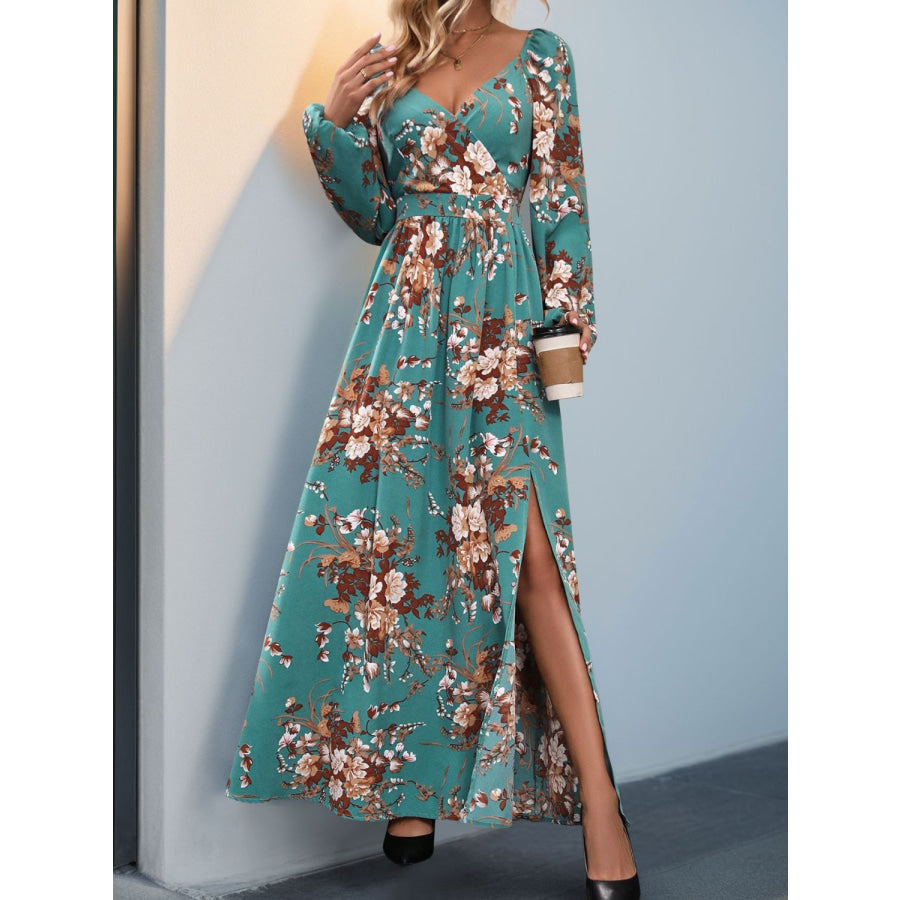 Slit Printed Surplice Long Sleeve Maxi Dress Turquoise / S Apparel and Accessories