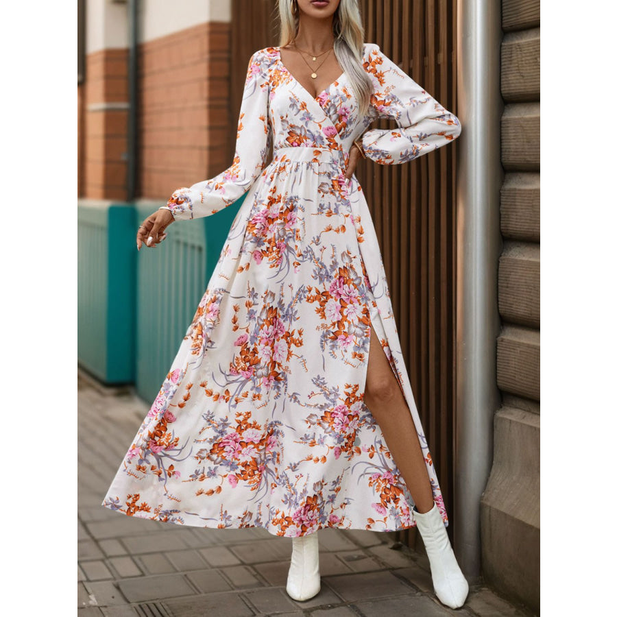 Slit Printed Surplice Long Sleeve Maxi Dress White / S Apparel and Accessories