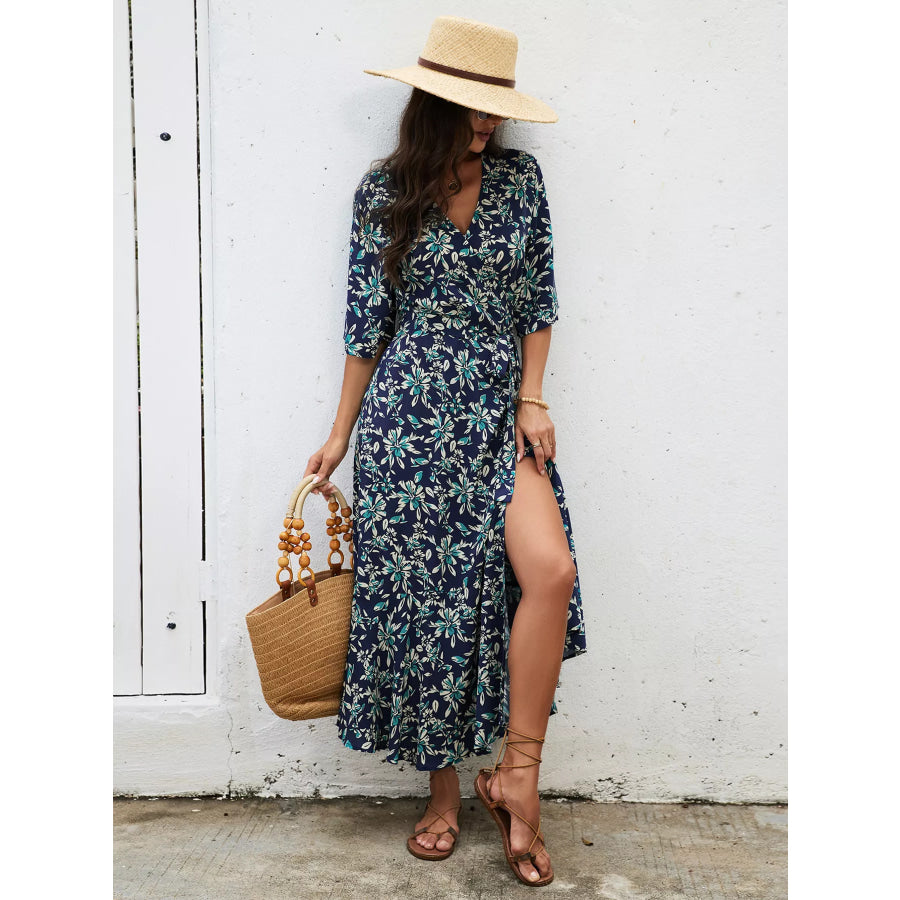 Slit Printed Surplice Midi Dress Apparel and Accessories