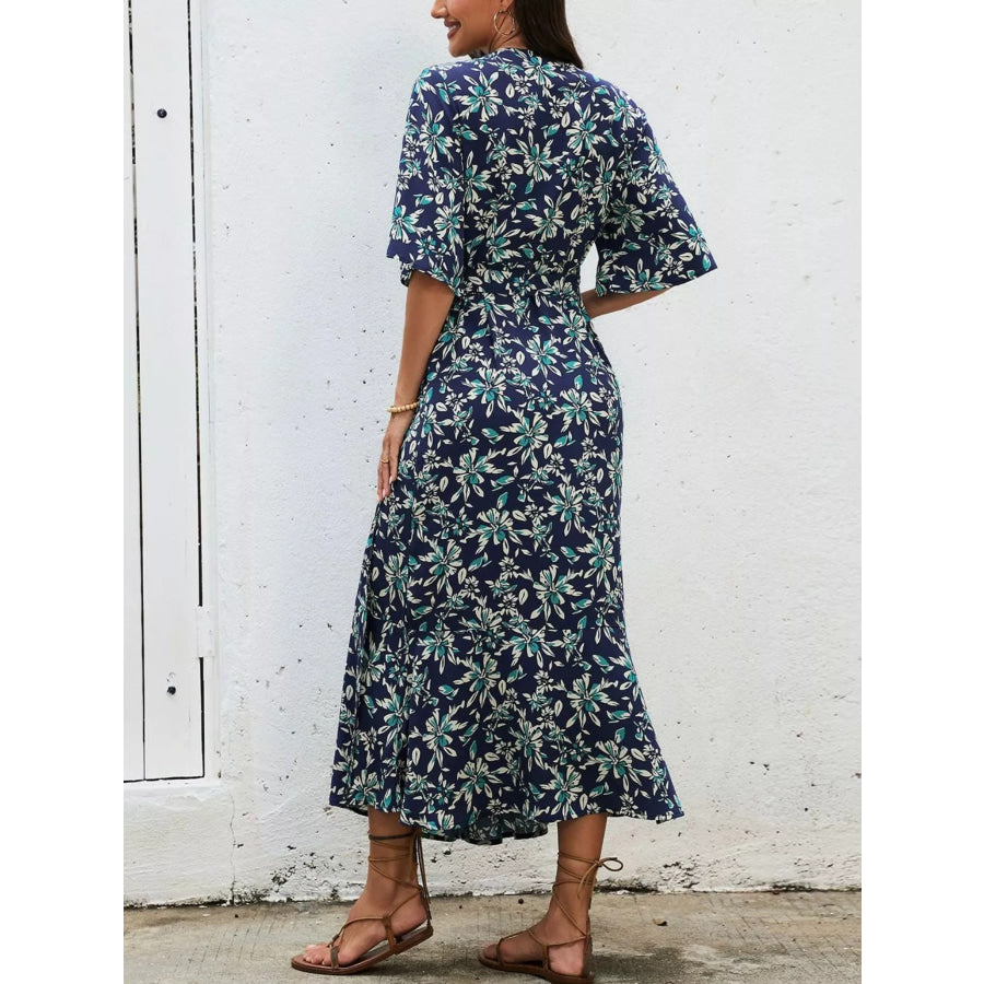 Slit Printed Surplice Midi Dress Apparel and Accessories