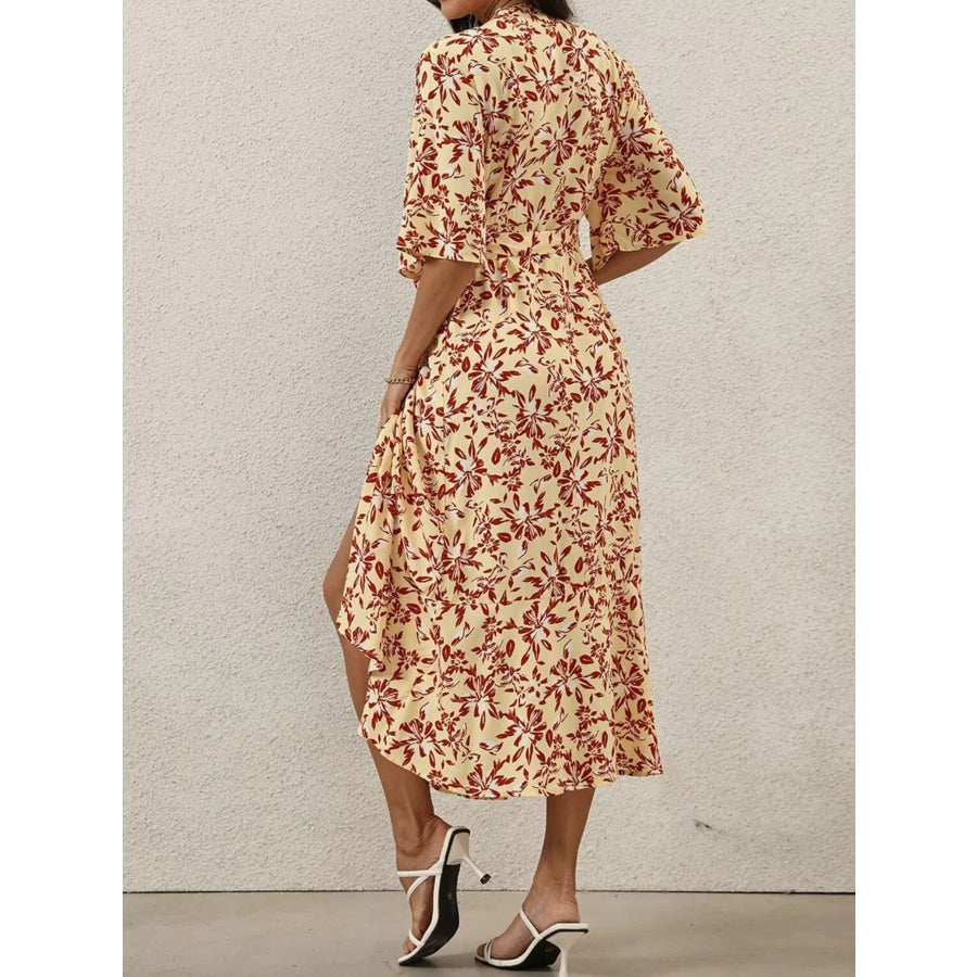 Slit Printed Surplice Midi Dress Apparel and Accessories