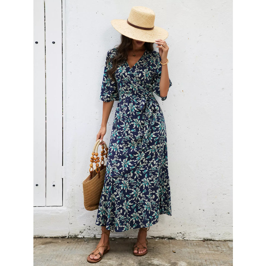 Slit Printed Surplice Midi Dress Apparel and Accessories