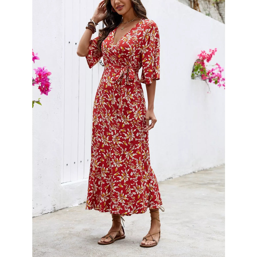 Slit Printed Surplice Midi Dress Apparel and Accessories