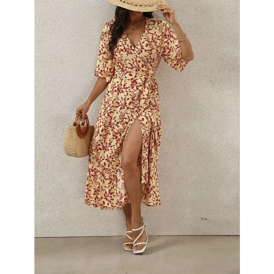 Slit Printed Surplice Midi Dress Apparel and Accessories