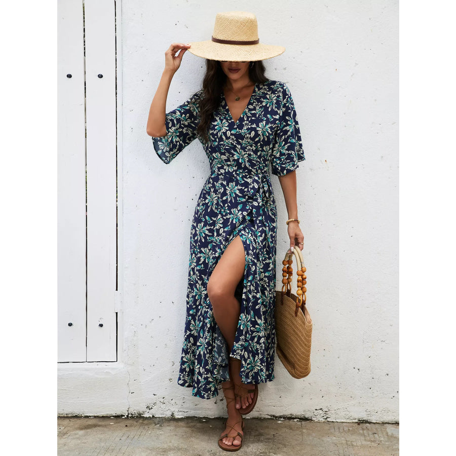 Slit Printed Surplice Midi Dress Navy Blue / S Apparel and Accessories