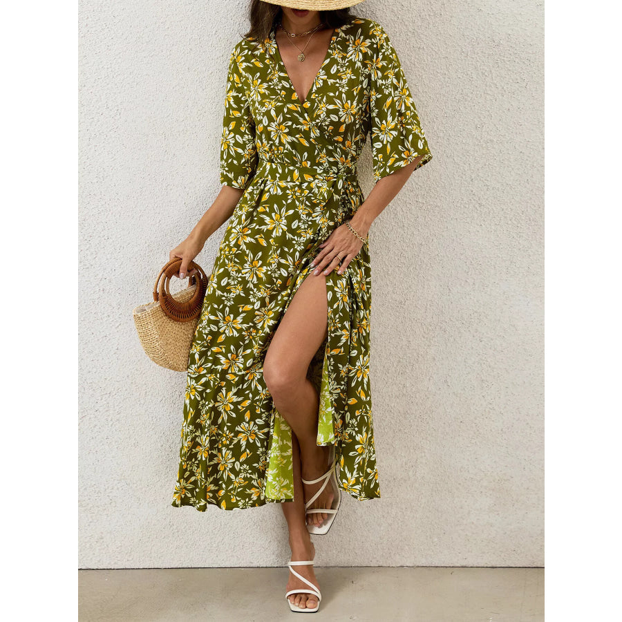 Slit Printed Surplice Midi Dress Olive Green / S Apparel and Accessories