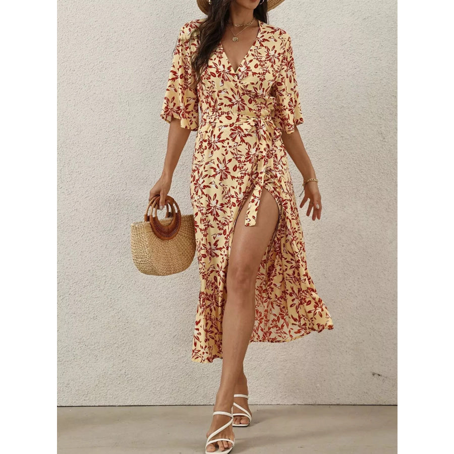 Slit Printed Surplice Midi Dress Pastel Yellow / S Apparel and Accessories
