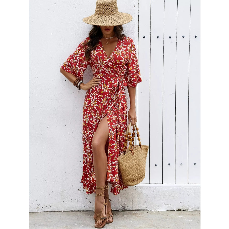 Slit Printed Surplice Midi Dress Red / S Apparel and Accessories