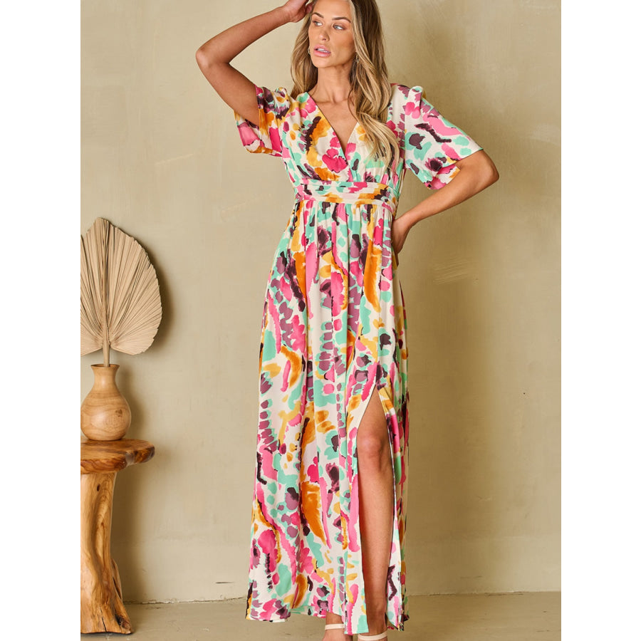 Slit Printed Surplice Short Sleeve Maxi Dress Apparel and Accessories