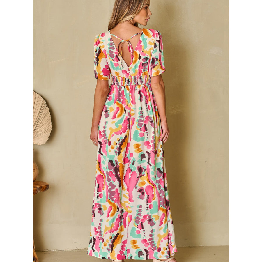 Slit Printed Surplice Short Sleeve Maxi Dress Multicolor / S Apparel and Accessories
