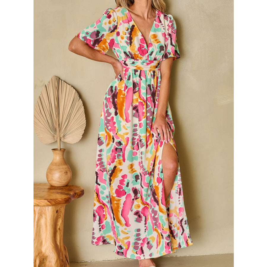 Slit Printed Surplice Short Sleeve Maxi Dress Multicolor / S Apparel and Accessories