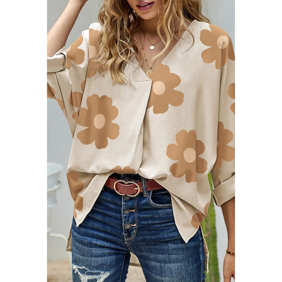 Slit Printed V-Neck Blouse Tan / S Apparel and Accessories