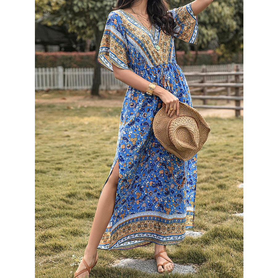 Slit Printed V-Neck Half Sleeve Maxi Dress Apparel and Accessories