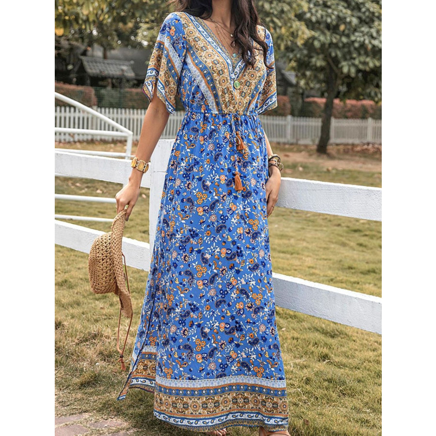 Slit Printed V-Neck Half Sleeve Maxi Dress Apparel and Accessories