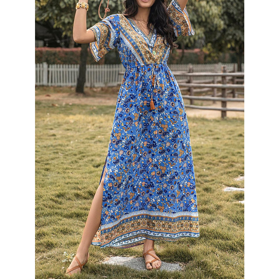 Slit Printed V-Neck Half Sleeve Maxi Dress Apparel and Accessories