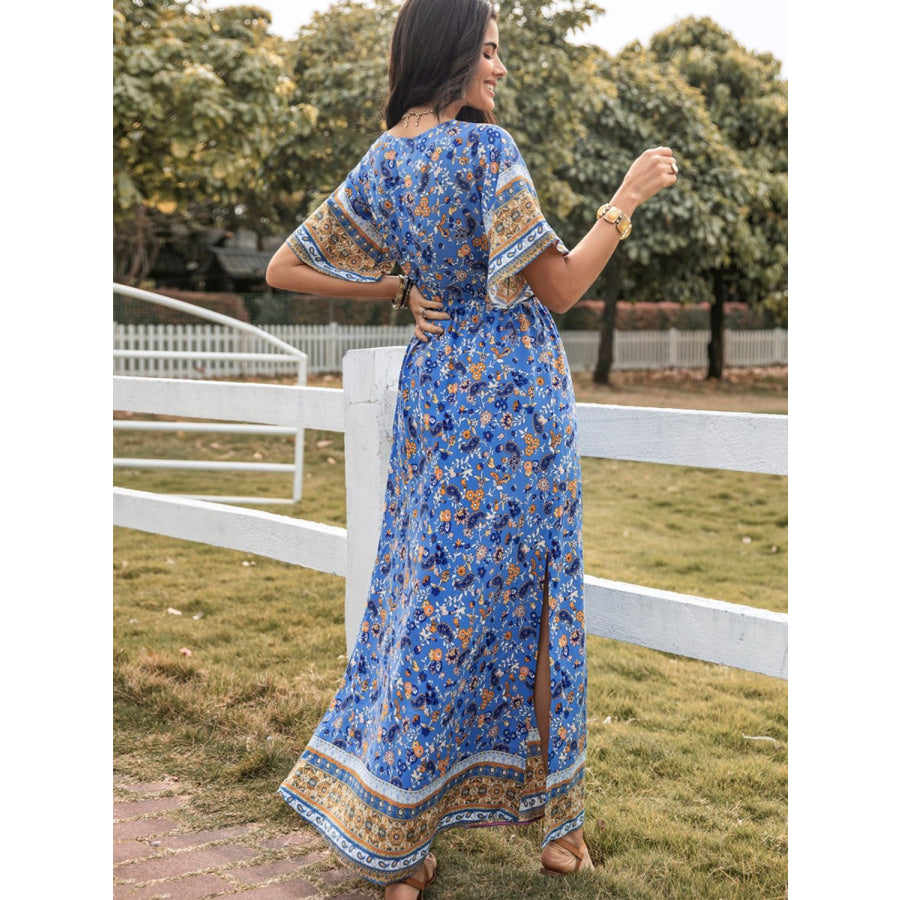 Slit Printed V-Neck Half Sleeve Maxi Dress Apparel and Accessories