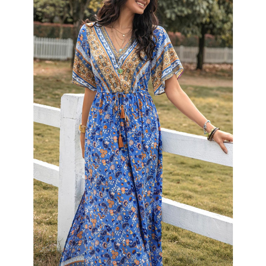 Slit Printed V-Neck Half Sleeve Maxi Dress Blue / S Apparel and Accessories