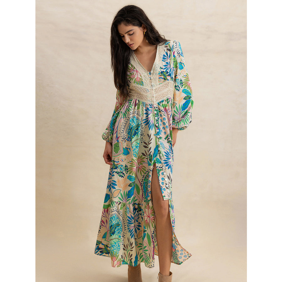 Slit Printed V-Neck Long Sleeve Midi Dress Apparel and Accessories