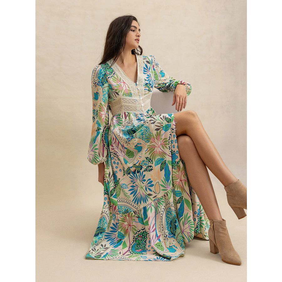 Slit Printed V-Neck Long Sleeve Midi Dress Apparel and Accessories