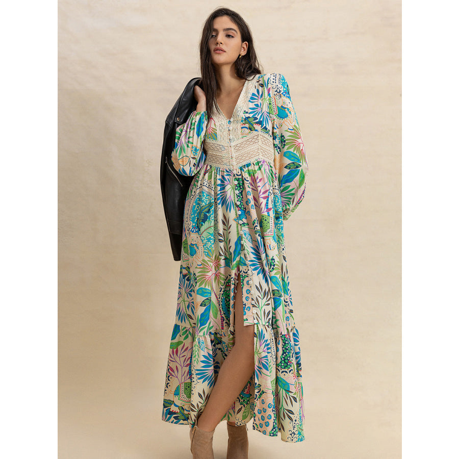 Slit Printed V-Neck Long Sleeve Midi Dress Apparel and Accessories