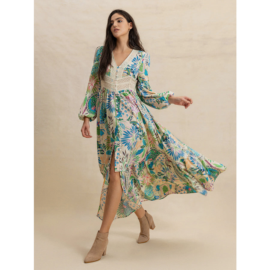 Slit Printed V-Neck Long Sleeve Midi Dress Multicolor / S Apparel and Accessories