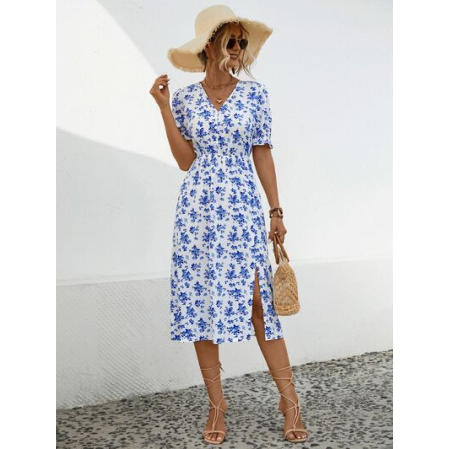 Slit Printed V - Neck Short Sleeve Dress Apparel and Accessories