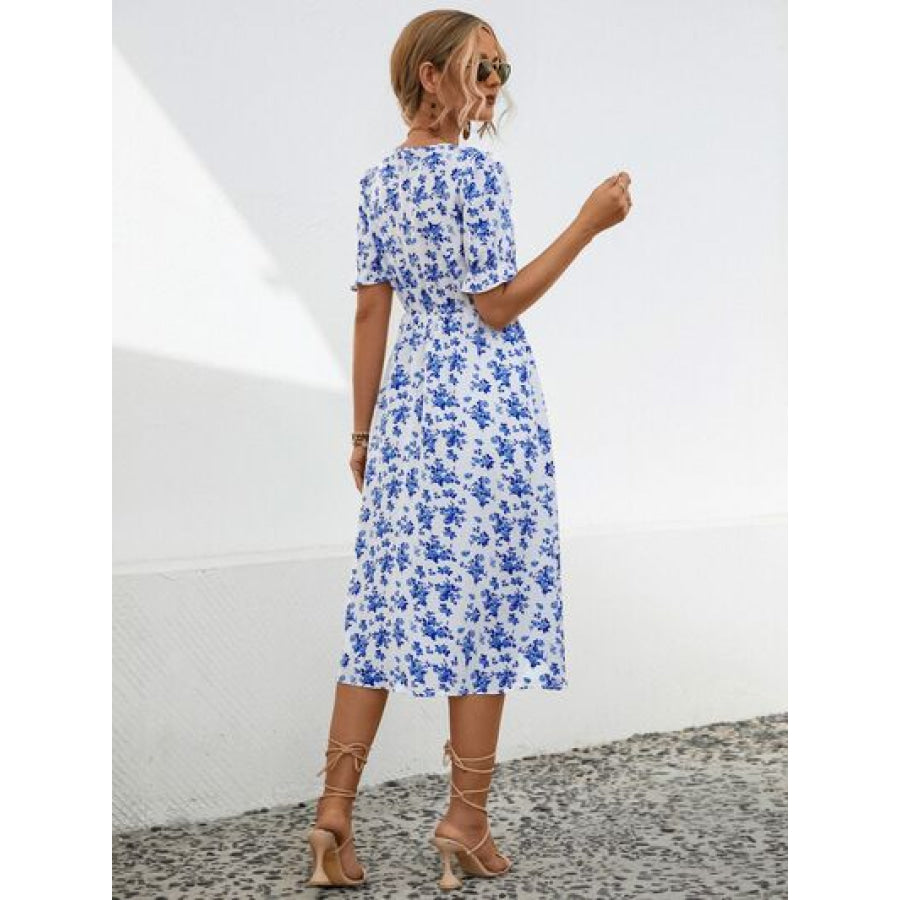 Slit Printed V - Neck Short Sleeve Dress Apparel and Accessories