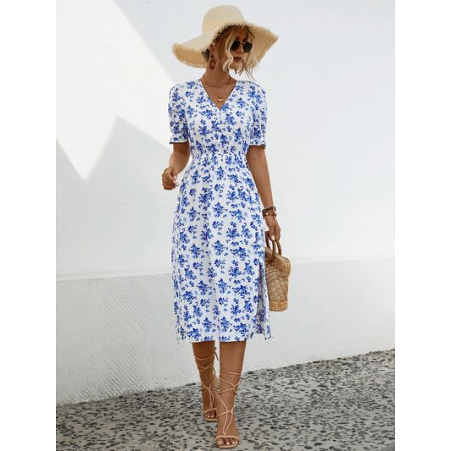 Slit Printed V - Neck Short Sleeve Dress Apparel and Accessories