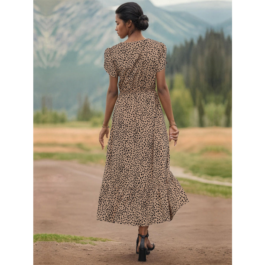 Slit Printed V-Neck Short Sleeve Dress Camel / S Apparel and Accessories