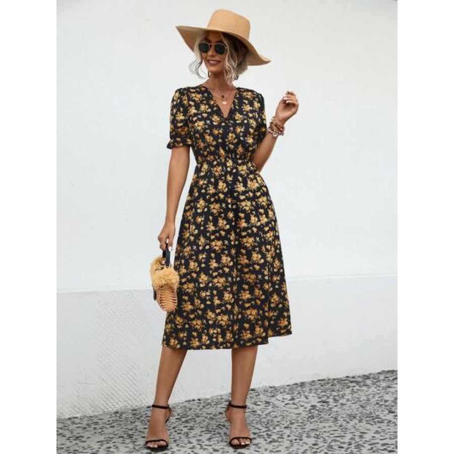 Slit Printed V - Neck Short Sleeve Dress Apparel and Accessories