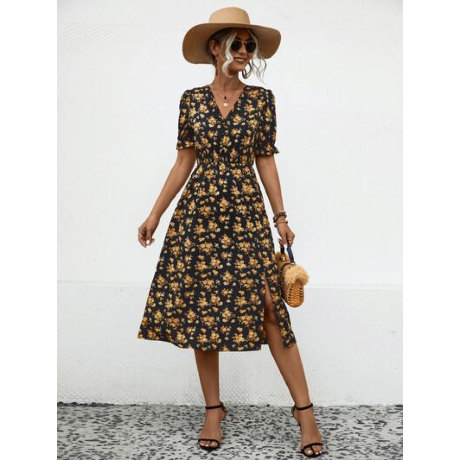 Slit Printed V - Neck Short Sleeve Dress Apparel and Accessories