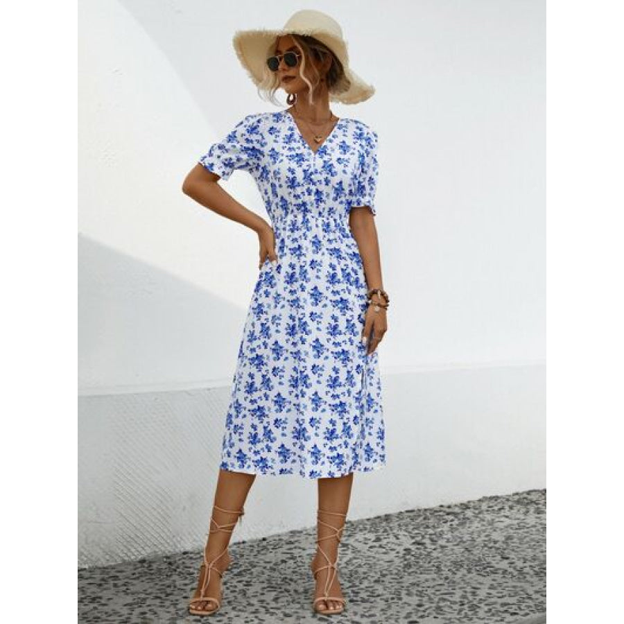 Slit Printed V - Neck Short Sleeve Dress Apparel and Accessories