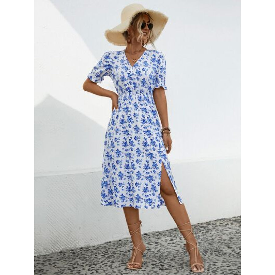 Slit Printed V - Neck Short Sleeve Dress Apparel and Accessories