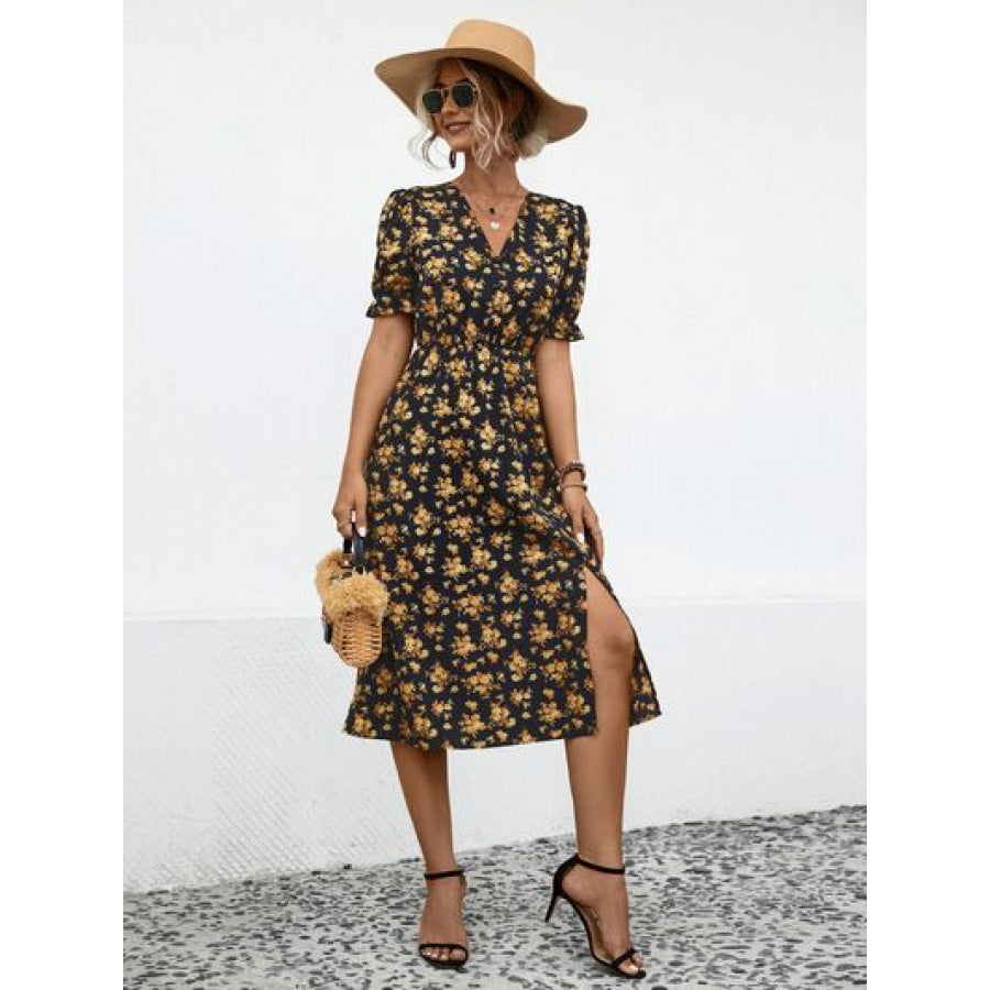 Slit Printed V - Neck Short Sleeve Dress Apparel and Accessories