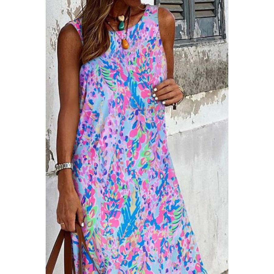 Slit Printed Wide Strap Midi Dress Apparel and Accessories