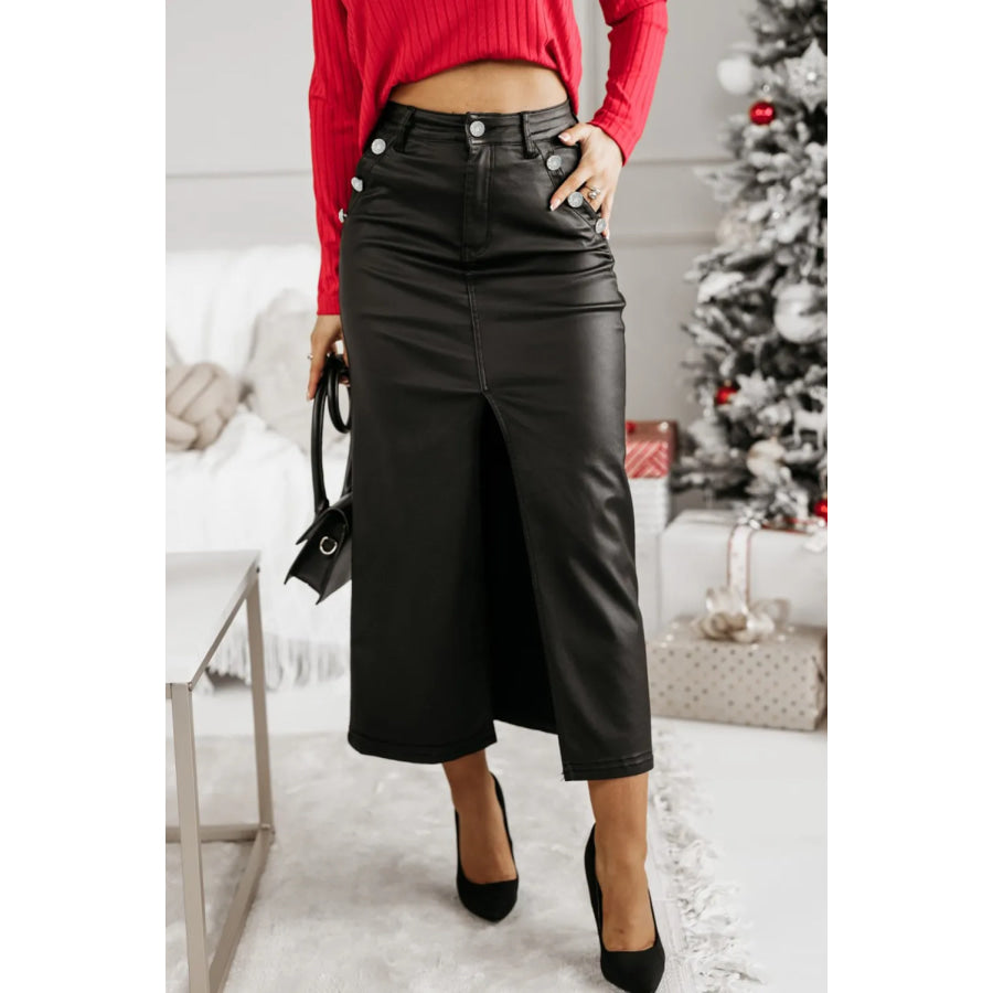 Slit PU Leather Midi Skirt Black / S Apparel and Accessories