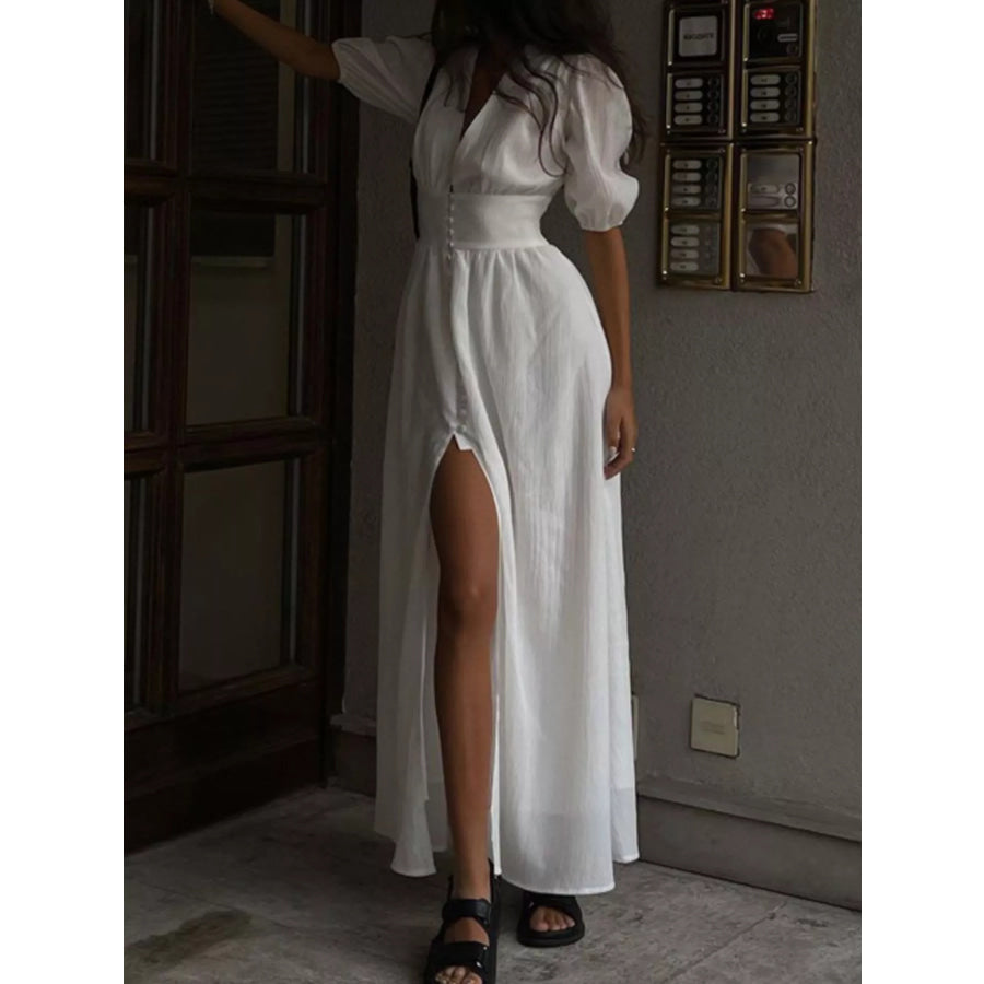 Slit Puff Sleeve Maxi Dress Apparel and Accessories