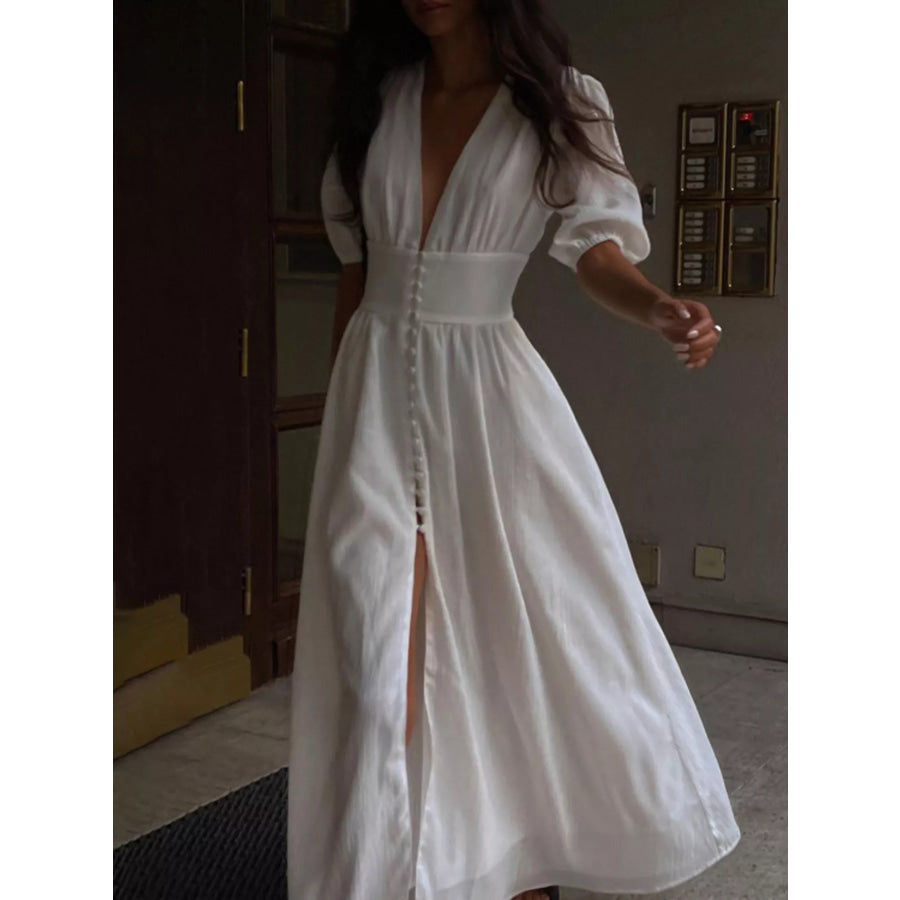 Slit Puff Sleeve Maxi Dress White / S Apparel and Accessories