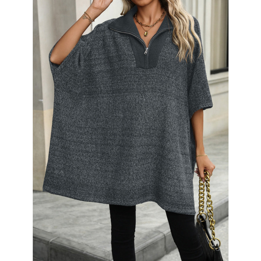 Slit Quarter Zip Half Sleeve Sweater Apparel and Accessories