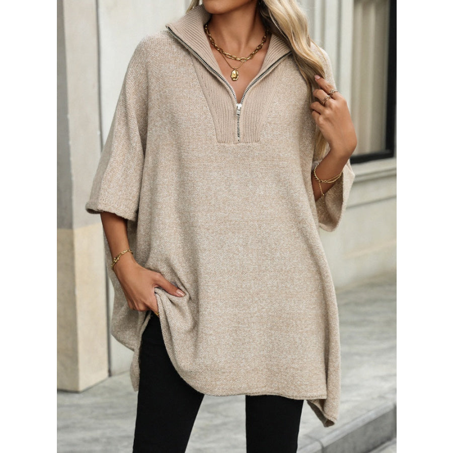 Slit Quarter Zip Half Sleeve Sweater Apparel and Accessories