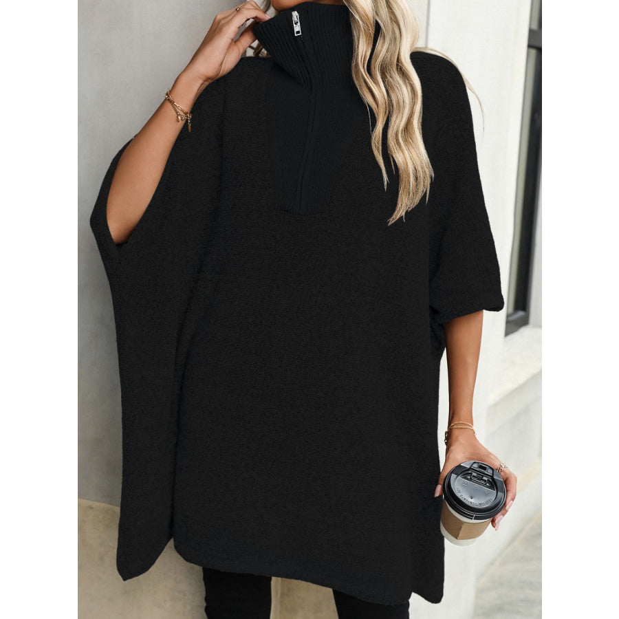 Slit Quarter Zip Half Sleeve Sweater Apparel and Accessories