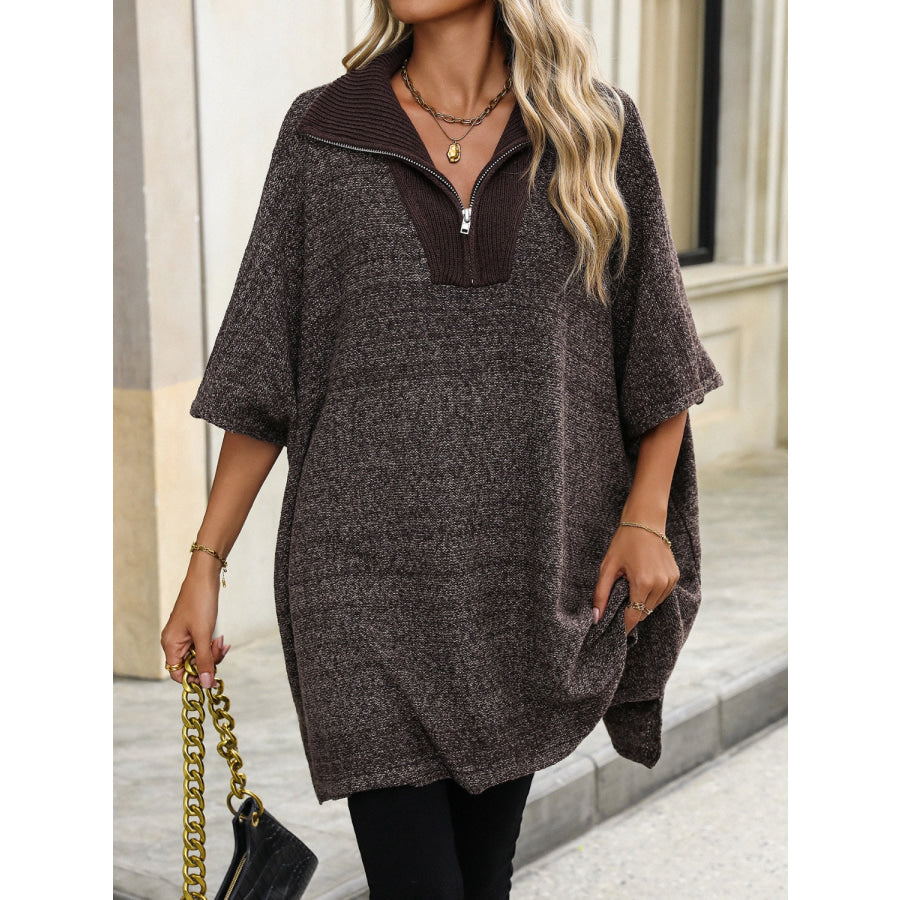 Slit Quarter Zip Half Sleeve Sweater Apparel and Accessories