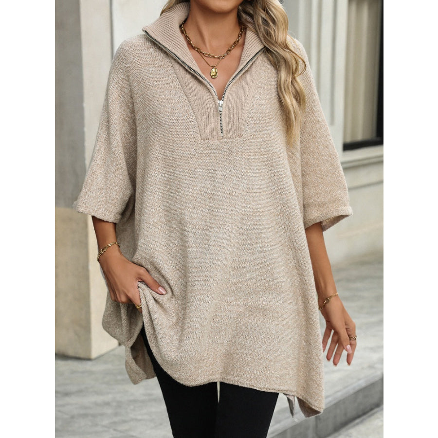 Slit Quarter Zip Half Sleeve Sweater Apricot / S Apparel and Accessories