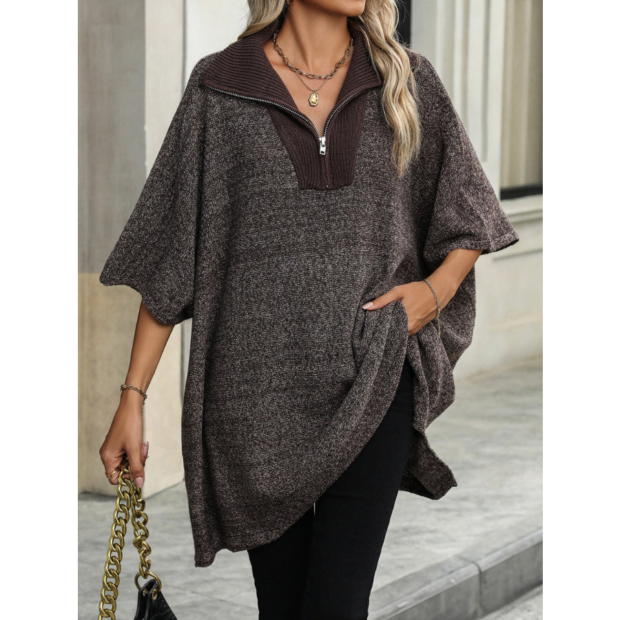 Slit Quarter Zip Half Sleeve Sweater Coffee Brown / S Apparel and Accessories