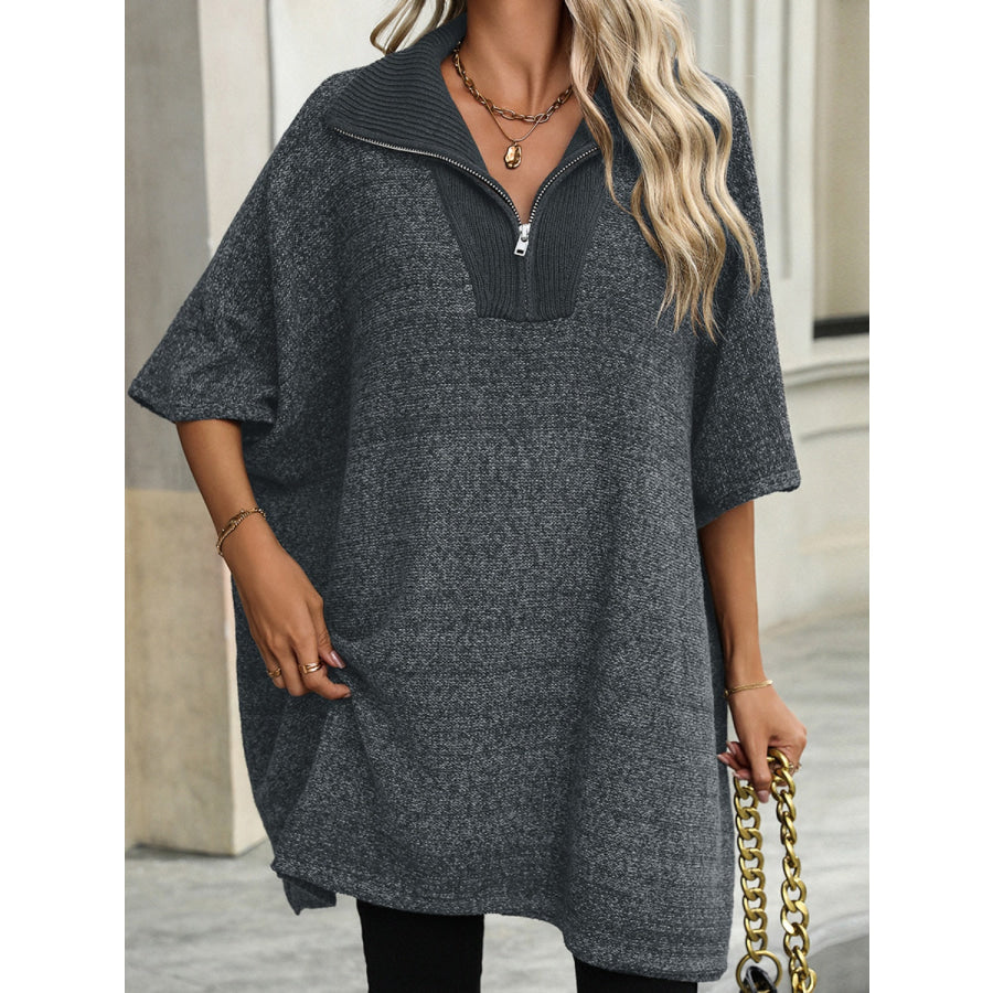 Slit Quarter Zip Half Sleeve Sweater Dark Gray / S Apparel and Accessories