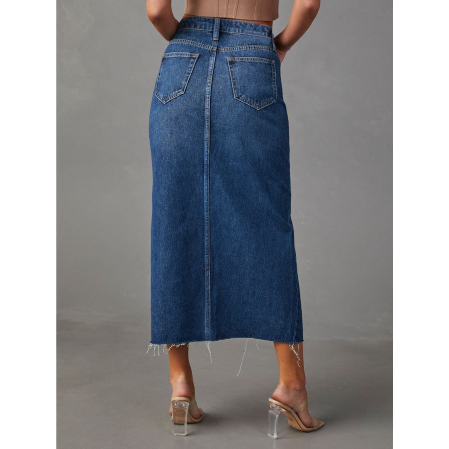 Slit Raw Hem Midi Denim Skirt Apparel and Accessories