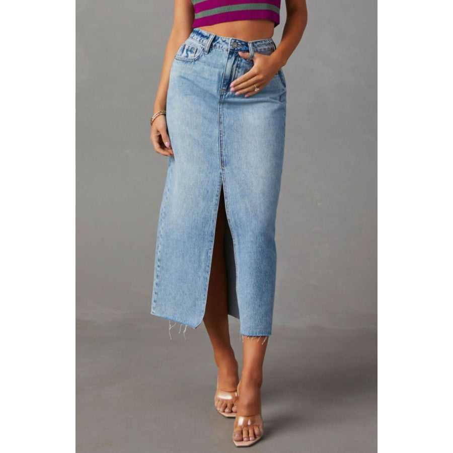 Slit Raw Hem Midi Denim Skirt Apparel and Accessories