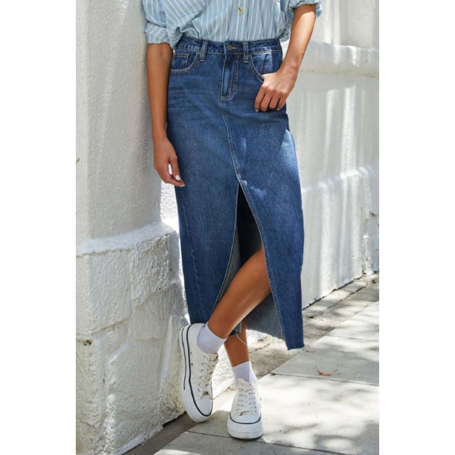 Slit Raw Hem Midi Denim Skirt Apparel and Accessories