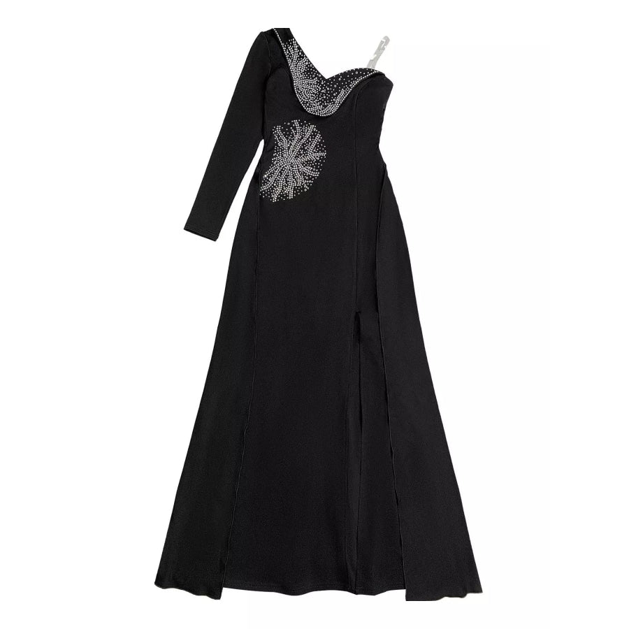 Slit Rhinestone One Shoulder Maxi Dress Apparel and Accessories