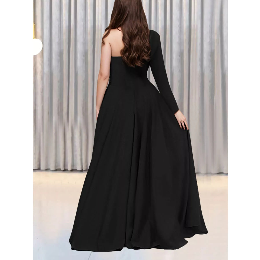 Slit Rhinestone One Shoulder Maxi Dress Black / S Apparel and Accessories